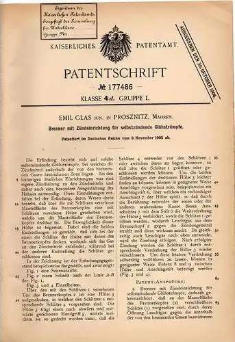 Original Patentschrift - Emil Glas in Proßnitz i. Mähren , 1905 , Brenner mit Zünder für Glühstrümpfe !!!