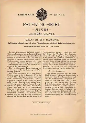 Original Patentschrift - J. Meyer in Troisdorf , 1905 , Förderschnecke für Retortenlademaschine !!!