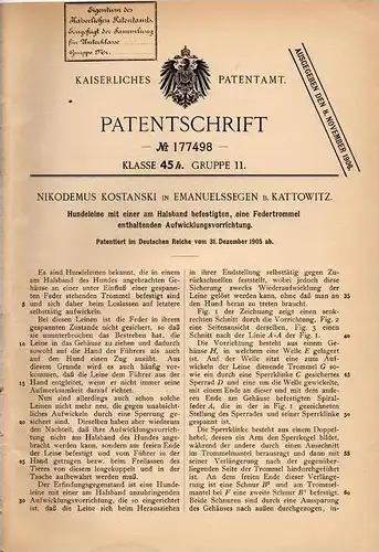 Original Patentschrift - N. Kostanski in Emanuelssegen b. Kattowitz , 1905 , Hundeleine mit Federtrommel !!!
