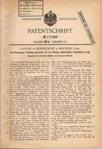 Original Patentschrift - Gaston de Bonnechose in Bourges , Cher ,1906,Sperrende Tür für Vogelhaus , Gehege , Hühnerstall