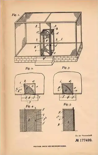 Original Patentschrift - Gaston de Bonnechose in Bourges , Cher ,1906,Sperrende Tür für Vogelhaus , Gehege , Hühnerstall