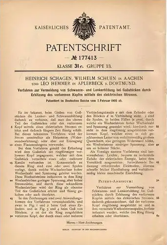 Original Patentschrift - Leo Hemmer in Aplerbeck b. Dortmund , 1900, Vermeidung von Schwamm- und Lunkerbildung bei Guß !