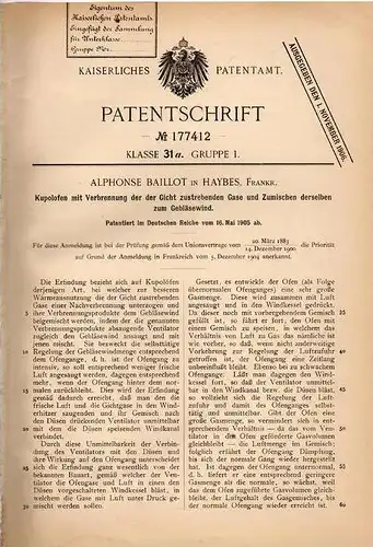 Original Patentschrift - Alphonse Baillot in Haybes , 1905 , Kupolofen mit Verbrennung der Gase , Ofen !!!