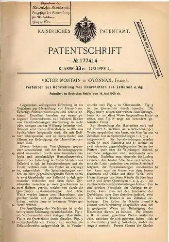 Original Patentschrift - Victor Montain in Oyonnax , 1905 , Herstellung von Zelluloid - Haarstützen , Frieseur , Haar !!