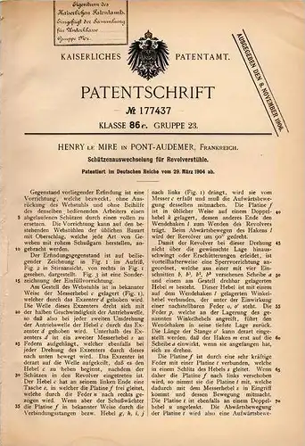 Original Patentschrift - Henry le Mire in Pont Audemer , 1904 , Schützenauswechsler für Revolver - Webstuhl , Weberei !!