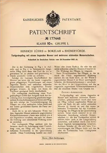 Original Patentschrift - H. Lührs in Bokelah b. Bremervörde , 1905 , Torfgrabenpflug mit liegendem Messer , Torf !!!