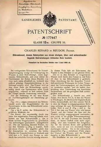 Original Patentschrift - Charles Renard in Meudon , 1904 , Röhrenkessel für Dampfmaschine !!!