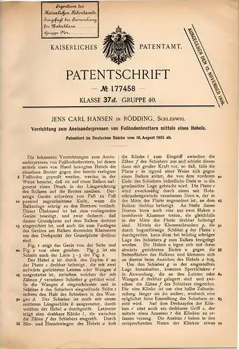 Original Patentschrift - J. Hansen in Rödding , Schleswig , 1905 , Pressen von Brettern für Fußboden !!!