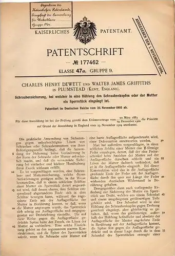 Original Patentschrift - C. Dewett und W. Griffiths in Plumstead , Kent , 1905 , Sicherung für Schrauben !!!