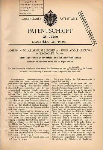 Original Patentschrift - J. Gobin und J. Duval in Bagnolet , 1905 , Lenkung für Motorfahrzeuge , Automobile !!!