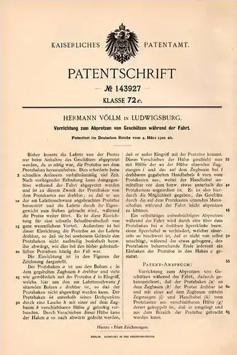 Original Patentschrift - Hermann Völlm in Ludwigsburg , 1902 , Protzen von Geschützen während der Fahrt , Kanone , Waffe