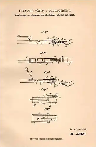 Original Patentschrift - Hermann Völlm in Ludwigsburg , 1902 , Protzen von Geschützen während der Fahrt , Kanone , Waffe