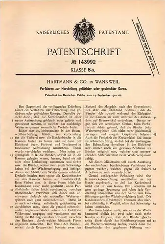 Original Patentschrift - Hartmann & Co in Wannweil b. Tübingen , 1901 , Herstellung gefärbter oder gebleichter Garne !!!