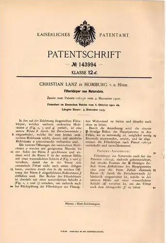 Original Patentschrift - Christian Lanz in Homburg von der Höhe , 1902 , Filterkörper aus Naturstein !!!