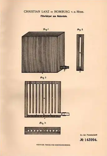 Original Patentschrift - Christian Lanz in Homburg von der Höhe , 1902 , Filterkörper aus Naturstein !!!