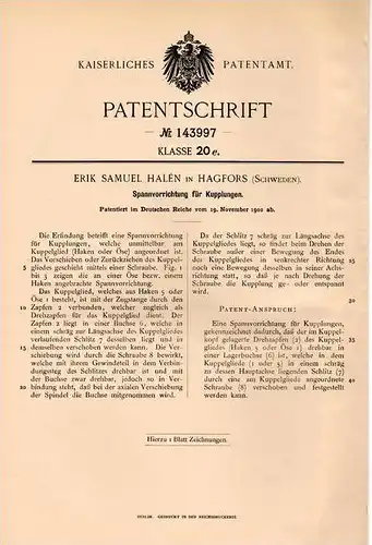 Original Patentschrift - Erik Halen in Hagfors , Schweden , 1902 , Spanner für Kluppen !!!