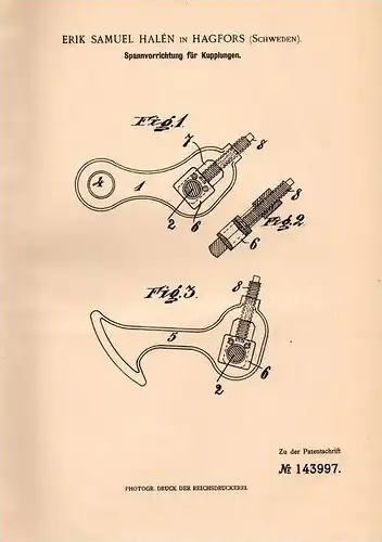 Original Patentschrift - Erik Halen in Hagfors , Schweden , 1902 , Spanner für Kluppen !!!