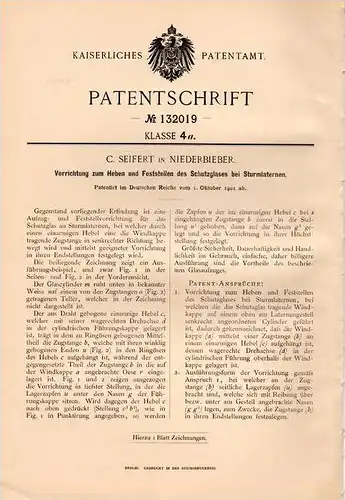 Original Patentschrift - C. Seifert in Niederbieber b. Neuwied , Schutzglas für Sturmlaterne , Laterne !!!