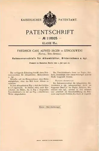 Original Patentschrift - F.C. Jäger in Izingolweni , Südafrika , 1900 , Album und Bilderrahmen - Rahmenverschluß  !!!