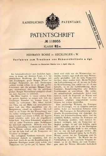 Original Patentschrift - H. Bosse in Hecklingen i.W., 1899 , Trocknung von Rübenschitzeln , Rüben !!!