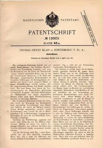 Original Patentschrift - T. Blair in Northboro , Massach., USA , 1901 , Kontrollkasse !!!