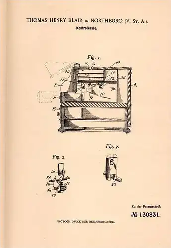 Original Patentschrift - T. Blair in Northboro , Massach., USA , 1901 , Kontrollkasse !!!