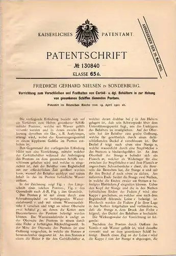 Original Patentschrift - F. Nielsen in Sonderburg , Dänemark , 1901 , Carbid - Behälter zur Hebung gesunkener Schiffe !!