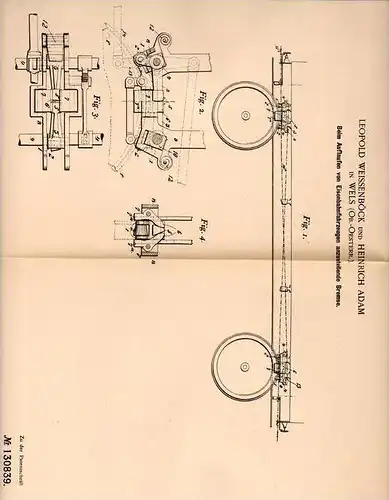 Original Patentschrift - L. Weissenböck und H. Adam in Wels , 1900 , Bremse für Eisenbahn !!!