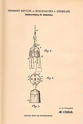 Original Patentschrift - H. Mettler in Buschhausen b. Sterkrade , 1901 , Kleiderhaken - Schutz für Bergwerk und Hütte !!