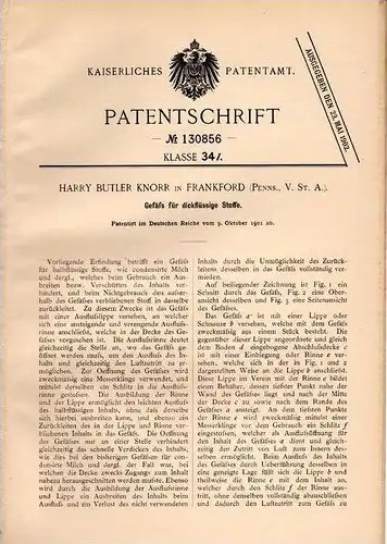 Original Patentschrift - H. Knorr in Frankford , Pennsylvania , USA , 1901 , Kanister für dickflüssige Stoffe !!!