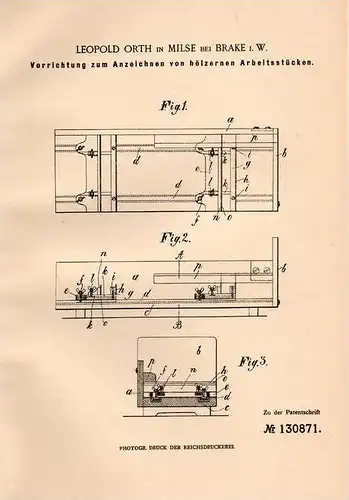 Original Patentschrift - Leopold Orth in Milse b. Brake i.W., 1901 , Anzeichnen von hölzernen Arbeitsstücken !!!