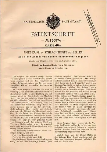 Original Patentschrift - Fritz Dürr in Schlachtensee b. Berlin , 1901 , Vergaser aus Rohren !!!