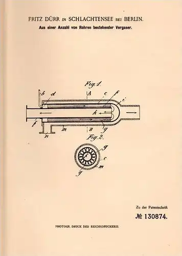 Original Patentschrift - Fritz Dürr in Schlachtensee b. Berlin , 1901 , Vergaser aus Rohren !!!