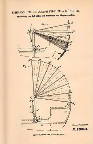 Original Patentschrift - Wagenverdeck für Automobil , Cabrio , 1900 , J. Dohnal und J. Etbauer in München , Verdeck !!!