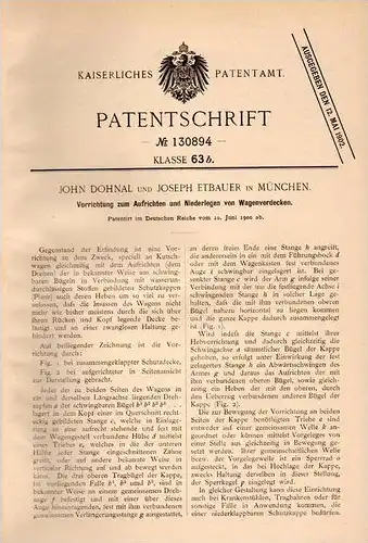 Original Patentschrift - Wagenverdeck für Automobil , Cabrio , 1900 , J. Dohnal und J. Etbauer in München , Verdeck !!!