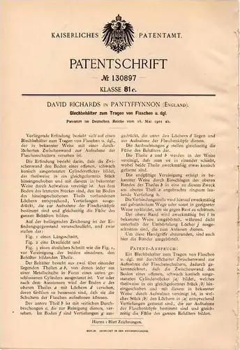 Original Patentschrift - D. Richards in Pantyffynnon b. Ammanford , 1901 Blechbehälter für Flaschen , Kanister !!!