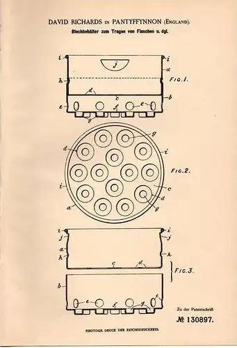 Original Patentschrift - D. Richards in Pantyffynnon b. Ammanford , 1901 Blechbehälter für Flaschen , Kanister !!!