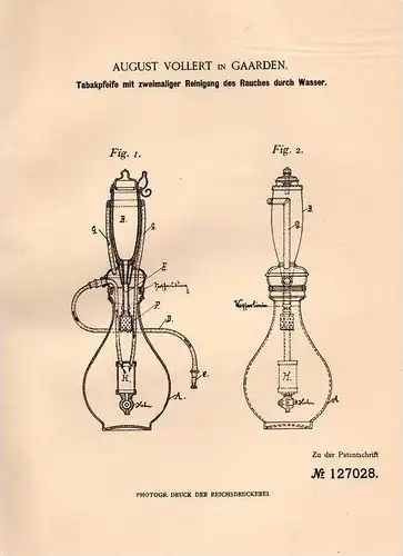 Original Patentschrift - A. Vollert in Gaarden b. Kiel , 1901 , Tabakpfeife , Wasserpfeife , Pfeife !!!