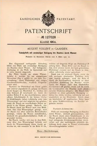 Original Patentschrift - A. Vollert in Gaarden b. Kiel , 1901 , Tabakpfeife , Wasserpfeife , Pfeife !!!