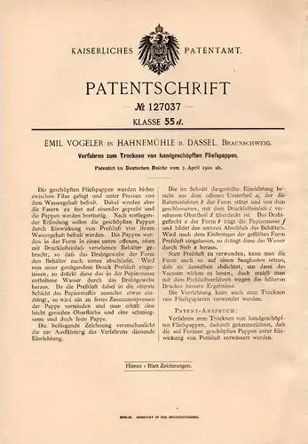 Original Patentschrift - E. Vogeler in Hahnemühle b. Dassel , Braunschweig , 1901 , Trocknung von handgeschöpftem Fließ