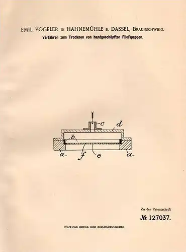 Original Patentschrift - E. Vogeler in Hahnemühle b. Dassel , Braunschweig , 1901 , Trocknung von handgeschöpftem Fließ