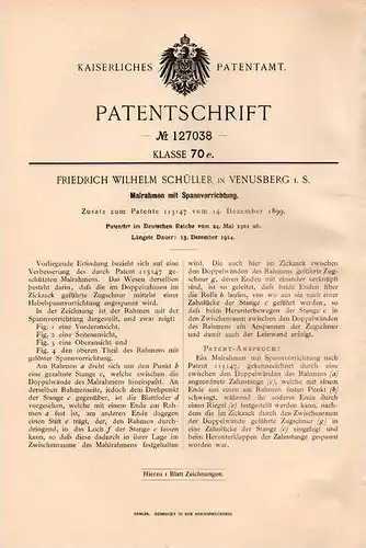 Original Patentschrift -  F.W. Schüller in Venusberg i. Sa. , 1901 , Malrahmen mit Spannvorrichtung , Maler !!!