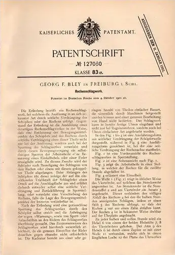 Original Patentschrift - G. Bley in Freiburg i. Schlesien , 1900 , Rechenschlagwerk  !!!