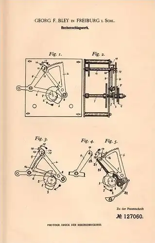 Original Patentschrift - G. Bley in Freiburg i. Schlesien , 1900 , Rechenschlagwerk  !!!