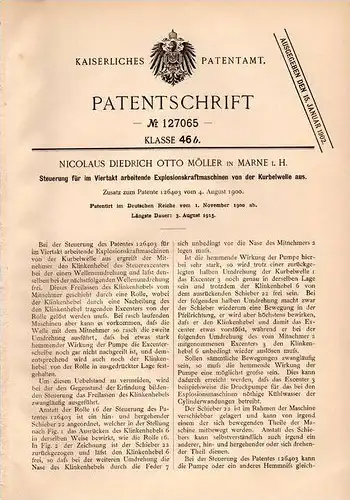 Original Patentschrift - N. Möller in Marne i. Holstein , 1900 , Steuerung für Viertakt - Explosionskraftmaschinen !!!