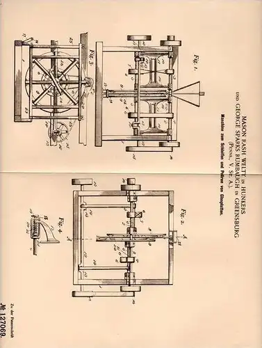 Original Patentschrift - M. Welty in Hunker und Greensburg , Penns., USA , 1899 , Maschine zum Schleifen von Glas !!!