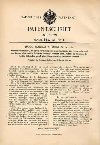 Original Patentschrift - Hugo Schulze in Priestewitz i. Sa. , 1906 , Fleischhackmaschine , Fleischerei , Metzgerei !!!