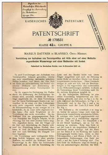 Original Patentschrift - M. Dattner in Blansko / Blanz , Östr. - Mähren ,1905, Terrainprofil mit Wasserwage und Messband