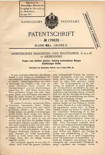 Original Patentschrift - Feilenfabrik GmbH in Ammendorf b. Halle a.Sa., 1905 , Pumpe für dickflüssige Stoffe !!!