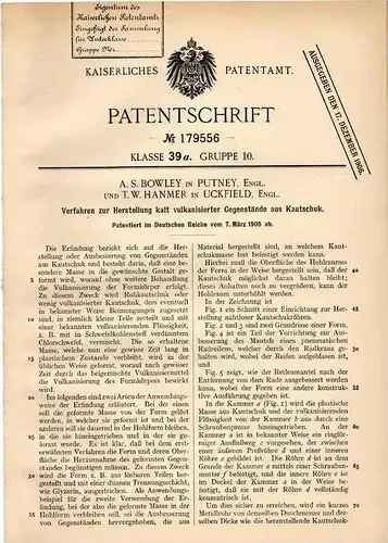 Original Patentschrift - T. Hanmer in Uckfield und Putney , England, 1905,Herstellung vulkanisierter Kautschuk - Artikel